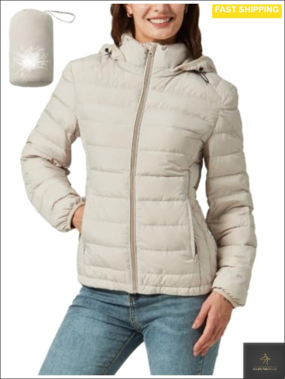 Lightweight Packable Down Jacket Quilted Puffer Coat Hooded for Women